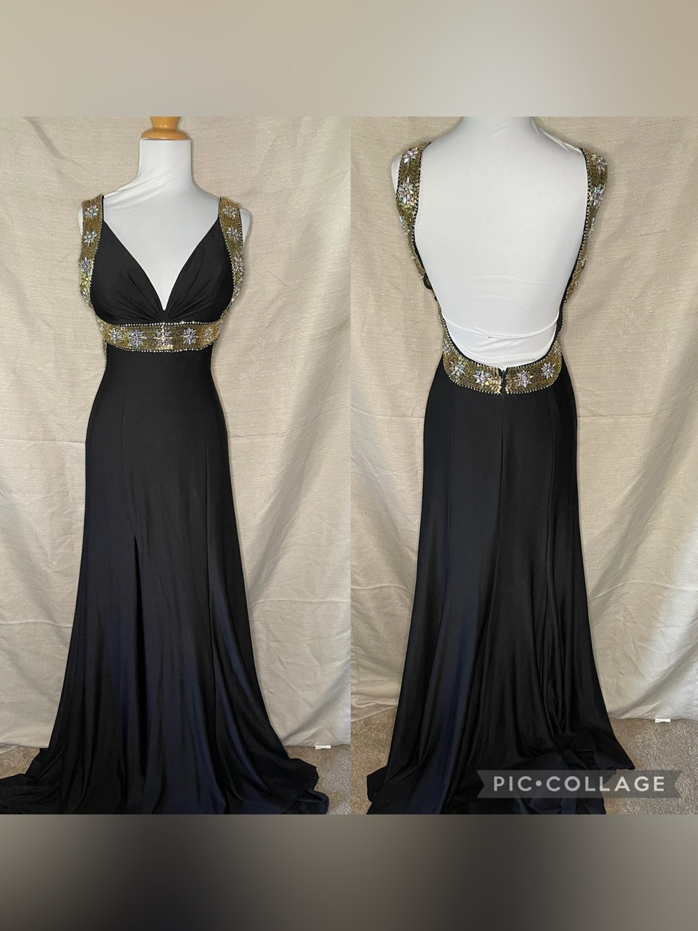 Tony Bowls Black Backless Evening Gown with Gold Beaded Accents